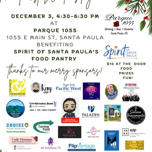Join us for First Wednesday on December 3rd from 4:30–6:30 PM at Parque 1055!

We’re coming together to support Spirit of Santa Paula’s Food Pantry with an evening full of food, prizes, and fun 🎉

Entry is $10 at the door, with thanks to our generous sponsors who make this event possible.

Let’s uplift our community this holiday season ❤️

#parque1055 #firstwednesday #santapaula #communityevent #spirit #foodie #restaurant #yum #delicious #805events