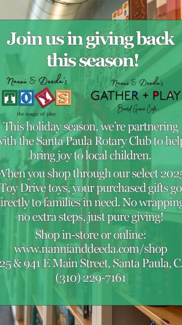 We’re teaming up with Nanni & Deeda’s this season to give back to local families ❤️

Scan the coasters at your table to shop their curated 2025 Toy Drive list, every purchase goes directly to children in need through the Santa Paula Rotary Club.

No wrapping, no extra steps. Just pure giving. ✨

🧸 Shop in-store or online:
nannianddeeda.com/shop
📍 925 & 941 E Main Street, Santa Paula
📞 (310) 229-7161

Let’s spread some holiday magic together! 🎁✨

#holidaytoydrive #restaurant #santapaula