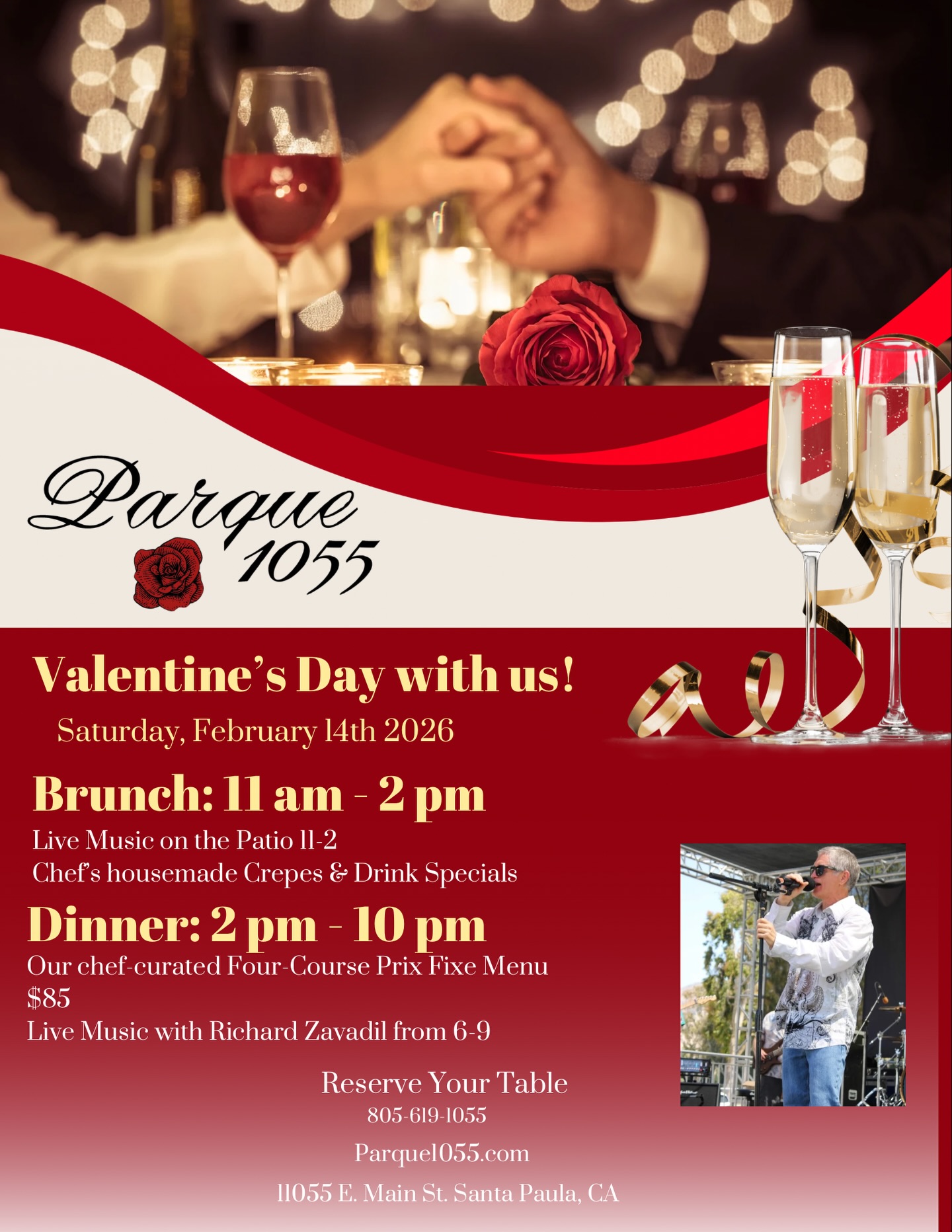 Valentine’s Day plans? We’ve got you covered ❤️

Celebrate love at Parque 1055 with live music, chef-crafted specials, and a romantic atmosphere from brunch to dinner. 

Join us Saturday, February 14th for crepes, cocktails, and an unforgettable four-course prix fixe dinner experience. Reservations highly recommended.

#valentinesday #parque1055 #datenight #805eats #livemusic