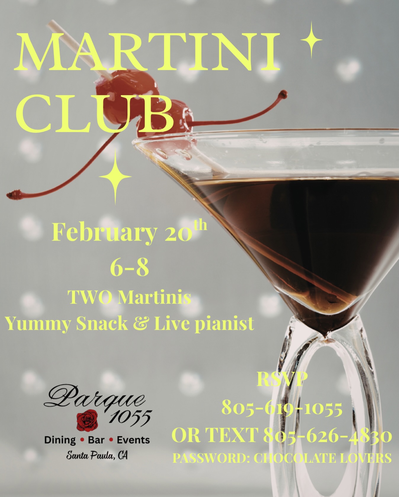 Martini lovers, this one’s for you.🍸🌹

Join us for Martini Club at Parque 1055 on February 20th from 6–8 PM. Sip on two specialty martinis, enjoy yummy snacks, and soak in the sounds of a live pianist for the perfect midweek night out.

RSVP by calling 805-619-1055 or texting 805-626-4830
Password: Chocolate Lovers 💫

#martini #parque1055 #santapaula #livemusic #cocktails