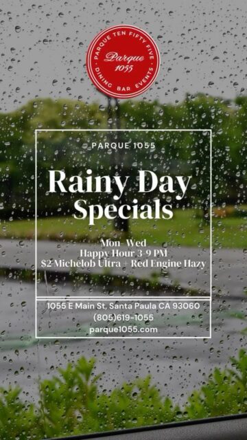 Rainy day = the perfect excuse to stop by Parque 1055 ☔️🍻

Warm up with our rainy day specials and extended happy hour vibes. Join us this week Monday–Wednesday from 3–9 PM for happy hour, plus $2 Michelob Ultra and Red Engine Hazy.

Good drinks, cozy atmosphere, and no better place to wait out the rain. See you soon.

#santapaula #restaurant #foodie #rainydayvibes #beer