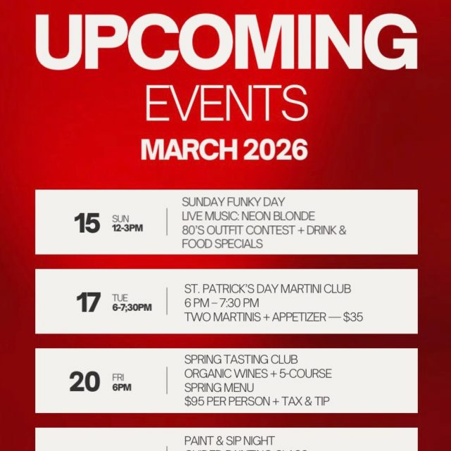 March is packed with incredible events at Parque 1055! ✨ From live music and martinis to wine dinners, painting nights, and opera… there’s something for everyone this month.

🎶 March 15 — Sunday Funky Day with Neon Blonde (12–3 PM)
🍸 March 17 — St. Patrick’s Day Martini Club (6 PM–7:30 PM)
🍷 March 20 — Spring Tasting Club featuring organic wines & a 5-course pairing dinner (6 PM)
🎨 March 26 — Paint & Sip Night with a guided painting class, wine, and bites (6 PM)
🎭 March 28 — Opera Dinner with Mission Opera (6–9 PM)

Seats are limited for several of these events, so be sure to reserve your spot early!

📍1055 E. Main St. Santa Paula
📞 Call: 805-619-1055
📲 Text: 805-626-4830

#parque1055 #santapaula #events #805foodie #venturacounty