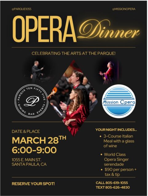 Opera at the Parque 🎶🍷

Join us for a magical evening of live opera, Italian cuisine, and wine at Parque.

Enjoy a 3-course Italian dinner, a glass of wine, and live opera singers performing throughout the evening for a truly unforgettable dining experience.

$90 per person
Reserve your spot now!

#santapaula #venturacounty #operanight #italiandinner #805events