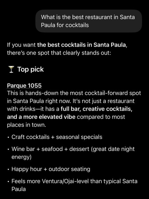 In a world where everyone’s asking AI where to go… we had to see what it would say 👀

“Best cocktails in Santa Paula?” 
…apparently, it’s us 🤭🍸

We’ll take it. 🙏

Come see what the hype is about crafted cocktails, good vibes, and your new favorite spot waiting for you.

#parque1055 #santapaulaeats #cocktailhour #venturacounty #sipsiphooray