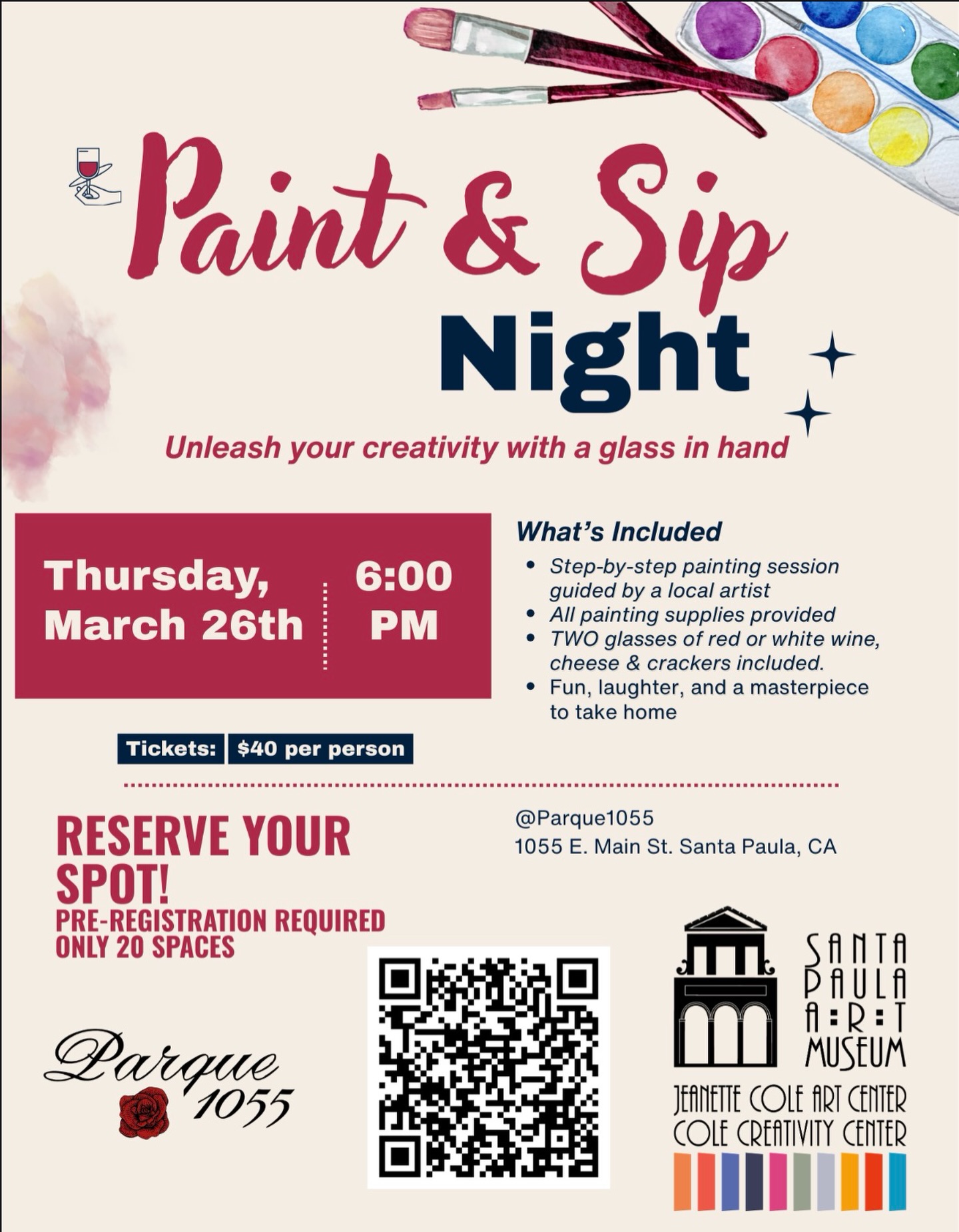 🎨🍷 Paint & Sip Night at Parque!
Unleash your creativity with a glass in hand Thursday, March 26th at 6:00 PM.

✨ What’s included:
•Step-by-step painting session guided by a local artist
•All painting supplies provided
•TWO glasses of red or white wine + cheese & crackers
•Fun, laughter, and a masterpiece to take home

💵 Tickets: $40 per person
⚡ Pre-registration required – only 20 spaces!

📍 Parque 1055 – 1055 E. Main St, Santa Paula, CA

Reserve your spot and get ready for a creative night to remember! 🎨🍷

#paintandsip #parque1055 #creativenight #wineandart #805events