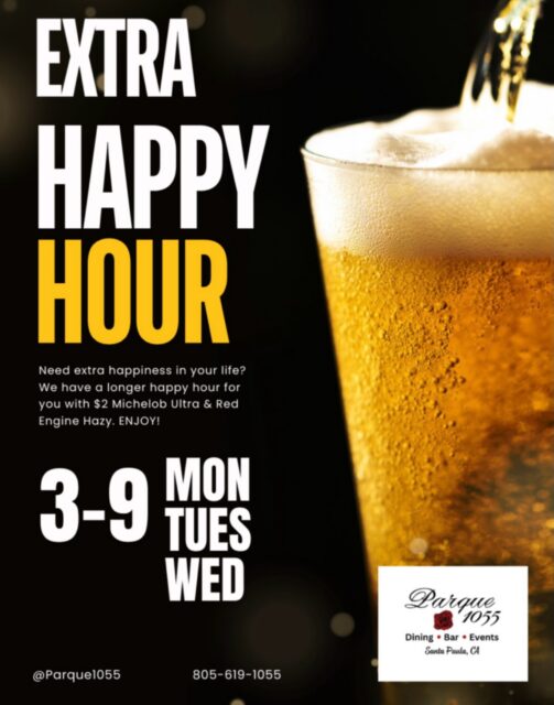 More time, more cheers. 🍻

Happy Hour just got extra at Parque 1055.

Join us Monday–Wednesday from 3–9 PM for $2 Michelob Ultra & Red Engine Hazy and keep the good times going a little longer. Because the best conversations always happen over a cold beer.

Tag your happy hour crew and meet us at the bar. ✨

#parque1055 #santapaula #eats #happyhour #805foodie