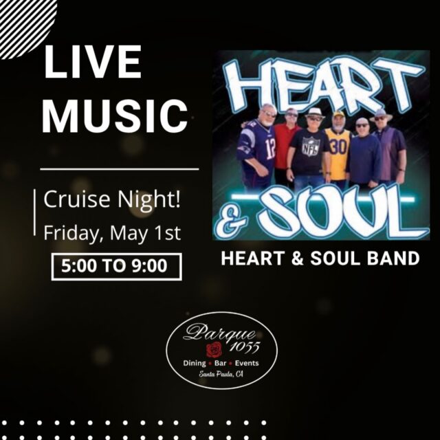 Cruise Night is taking over Downtown Santa Paula! 🚗🎶

Main Street will be lined with classic cars, great people, and community fun, and Parque 1055 will be right at the end of the street serving up dinner, cocktails, and live music by Heart & Soul Band from 5–9 PM.

Make us your stop during Cruise Night, whether you’re cruising through or settling in for the evening!

#cruisenight #mainst #livemusic #805events #classiccarshow