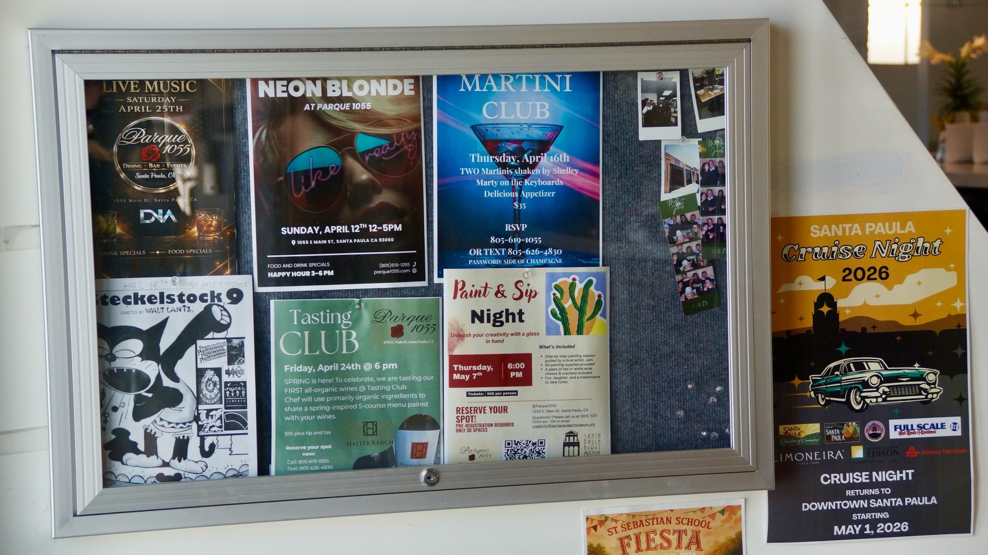 Wondering what’s going on at Parque? 👀

Our events board is to the left as soon as you walk in! From live music and martini club to holiday parties and special events, there’s always something happening at Parque 1055.

Up next: DNA today at noon! 🎶
Come join us for brunch, live music, and a great time on the patio. Stop by, take a look at the board, and plan your next visit with us.

#parque1055 #santapaulaevents #brunch #livemusic #805events