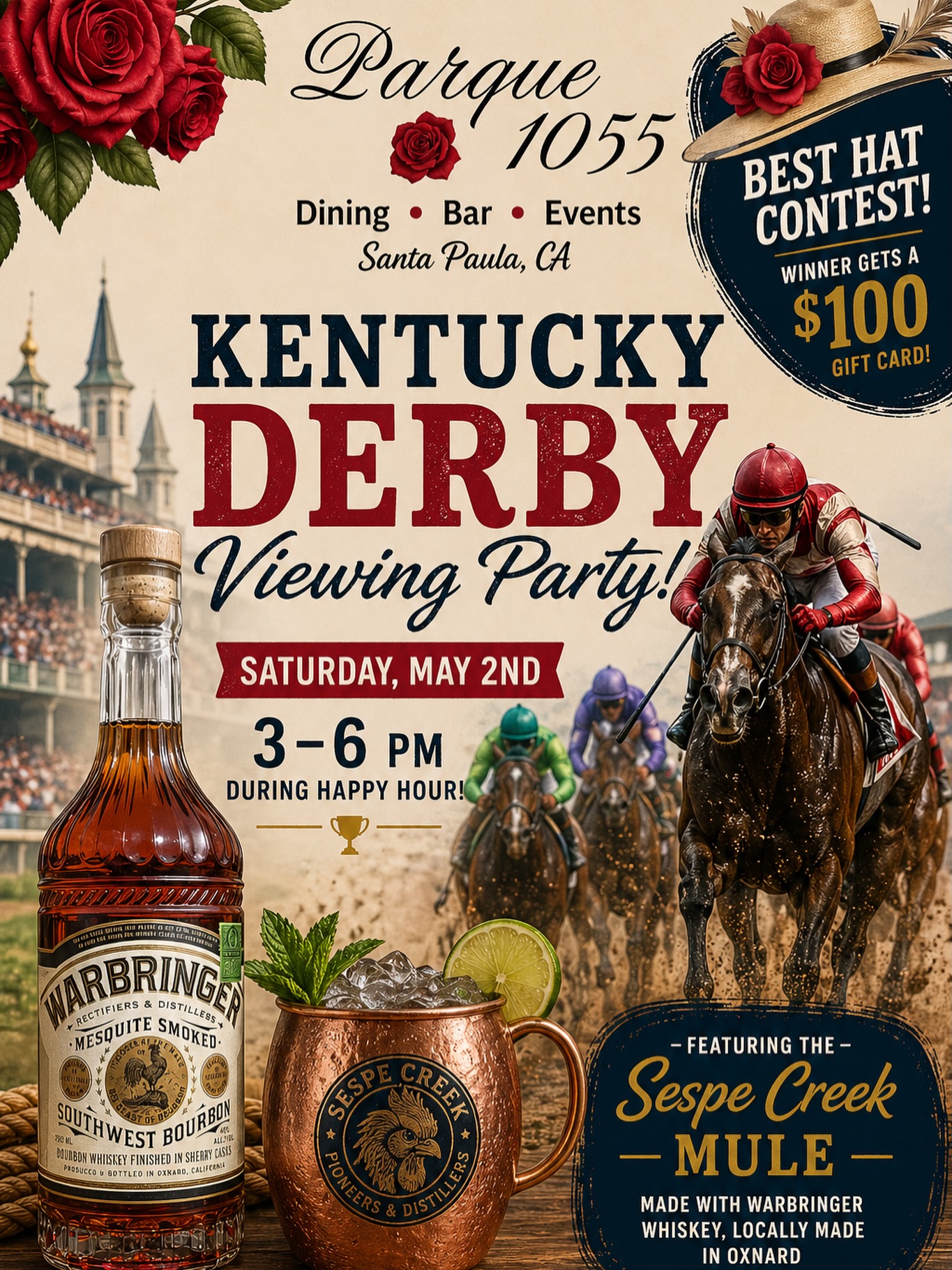 🐎🌹 The most exciting two minutes in sports deserves a party to match!

Join us at Parque 1055 for our annual Kentucky Derby Viewing Party this Saturday, May 2nd from 3–6 PM during Happy Hour.

We’re featuring the crowd favorite from last years event, Sespe Creek Mule made with locally crafted Warbringer Whiskey from Oxnard 🥃

Plus, dress to impress, our Best Hat Contest winner will take home a $100 gift card!

Grab your friends, place your bets, and celebrate Derby Day with great drinks, great vibes, and front-row race action.

#parque1055 #kentuckyderby #805events #supportlocal #derbyday