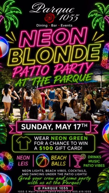 NEON BLONDE is taking over the patio 💚✨

This Sunday, May 17th 1-4pm at Parque 1055, throw on your neon green, grab your crew, and come party with us under the patio lights 🌴🍸

Wear neon green for a chance to win a $100 gift card 👀

Neon leis • beach balls • cocktails • music • patio vibes all night long.

#parque1055 #santapaula #venturacounty #neonblonde #patioparty
