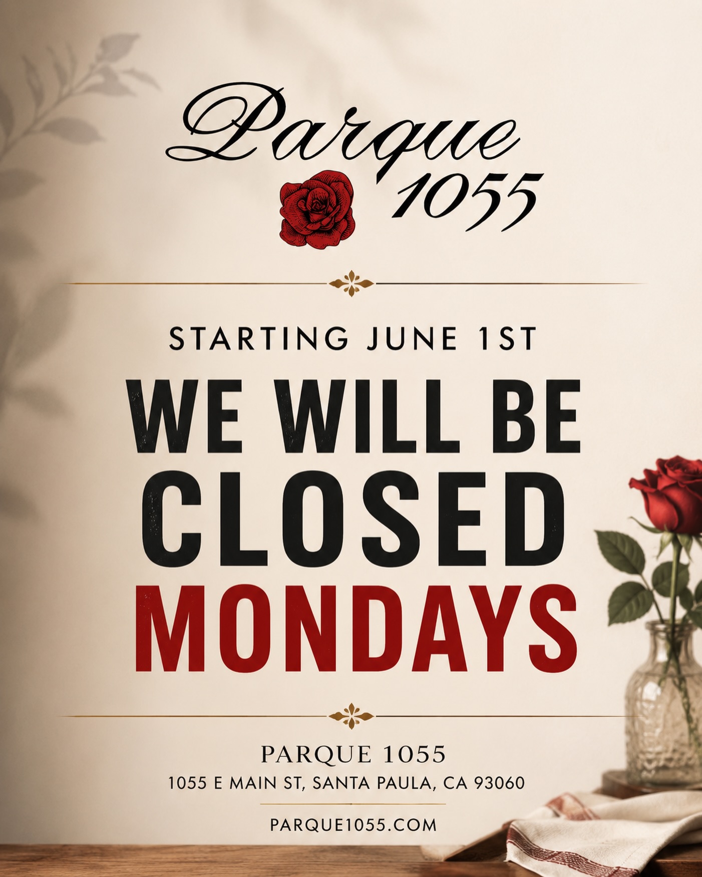 A quick update from the Parque 1055 family ❤️
New Summer Hours!
Starting June 1st, we will be closed on Mondays.
We can’t wait to see you and continue bringing you the best experience possible the rest of the week.
We look forward to serving you Tuesday through Sunday and appreciate your continued support. We will still be available Mondays for private events, See you soon!
📍1055 E Main St, Santa Paula
#santapaula #restaurant #explore #eats #californiacuisine