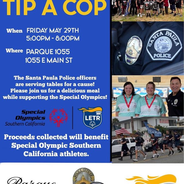 🚓💙 Join us for a great meal and an even greater cause!
Friday, May 29th from 5–8 PM, the officers of the Santa Paula Police Department will be serving tables at Parque 1055 to raise funds for Special Olympics Southern California.
Bring your family, friends, and appetite, and help support incredible athletes while enjoying an evening of great food and community. A portion of proceeds and donations collected during the event will directly benefit Special Olympics Southern California athletes.
📍 Parque 1055
1055 E Main St, Santa Paula
🗓 Friday, May 29
⏰ 5:00 PM – 8:00 PM
We hope to see you there as we come together to support an amazing cause! 💙🏅
#parque1055 #santapaula #specialolympics #tipacop communitysupport