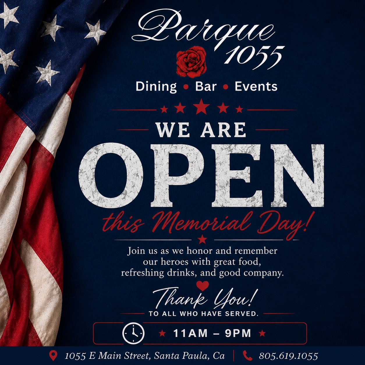 This Memorial Day, we pause to remember and honor the brave men and women who made the ultimate sacrifice for our country. 🇺🇸
We’re open from 11 AM–9 PM and look forward to welcoming you for great food, handcrafted cocktails, and time spent with family and friends.
From all of us at Parque 1055, thank you to those who served and those who gave everything. ❤️🤍💙
📍1055 E Main Street, Santa Paula
📞 (805) 619-1055
#memorialday #restaurant #wereopen #foodie #santapaula