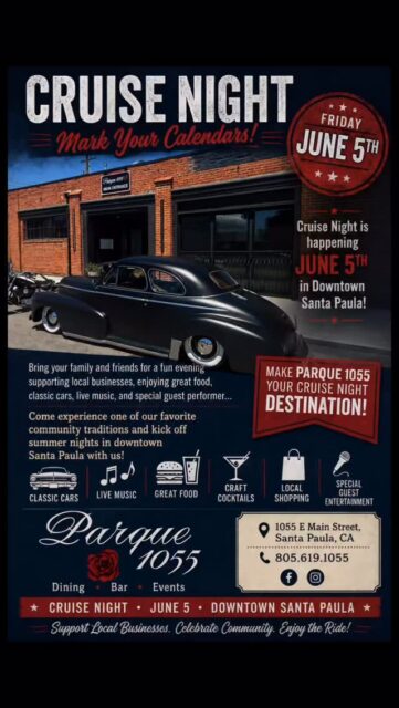 Cruise Night is rolling into Downtown Santa Paula on Friday, June 5th, and we can’t wait to see Main Street filled with classic cars, live music, great food, and community fun!

Make Parque 1055 your Cruise Night destination. Join us for dinner, craft cocktails, and a front-row seat to one of Santa Paula’s favorite summer traditions. Whether you’re bringing your classic ride or just coming to enjoy the atmosphere, it’s the perfect night to gather with friends and family while supporting local businesses.

See you Friday June 5th! 🌹🍸🚘

📍 Parque 1055
1055 E Main Street, Santa Paula
📞 (805) 619-1055

#cruisenight #santapaula #parque1055 #classiccars #805events