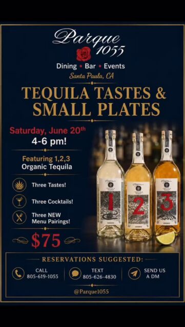 Tequila lovers, this one’s for you. 🥃

Join us Saturday, June 20th from 4–6 PM for an afternoon of premium organic tequila, handcrafted cocktails, and chef-curated small plates.

Three tequilas.
Three cocktails.
Three new menu pairings.

A guided tasting experience designed to kick off your summer weekend the right way.

$75 per person

Reservations suggested:
📞 805-619-1055
📱 Text 805-626-4830
📩 Or send us a DM

#parque1055 #tequilatasting #santapaula #venturacounty #foodandcocktails