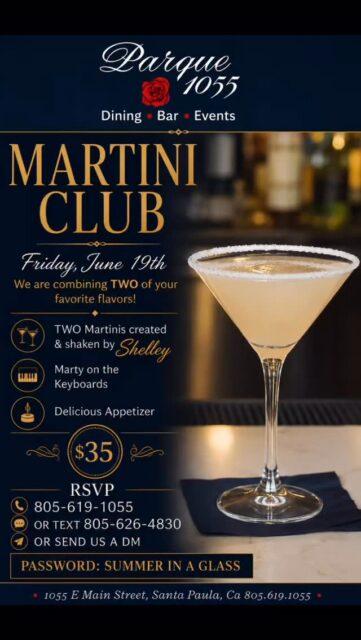 Two favorites. One night. 🍸✨

Join us for Martini Club on Friday, June 19th as Shelley shakes up two crowd-favorite martinis, paired with a delicious appetizer and live music from Marty on the keyboards.

Grab your friends, reserve your spot, and get ready for an evening that’s equal parts cocktail hour and summer escape.

$35 per person

📞 805-619-1055
📱 Text 805-626-4830
📩 Or send us a DM

Password: SUMMER IN A GLASS

#parque1055 #martini #santapaula #venturacounty #cocktail