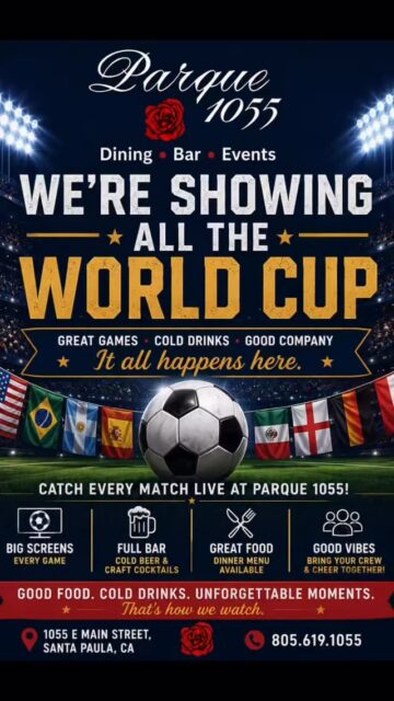⚽️ The world’s biggest tournament is here, and we’re showing every match at Parque 1055!

Whether you’re cheering for your home country, your favorite team, or just looking for a great excuse to grab a drink with friends, we’ve got the games on, the cocktails flowing, and the kitchen ready.

🍻 Full Bar
🍽️ Lunch & Dinner
⚽️ Every Match Shown Live

Gather your crew and catch all the action with us at Parque 1055.

📍1055 E Main Street, Santa Paula
📞 805.619.1055

#worldcup2026 #parque1055 #santapaula #watchparty #soccerfans