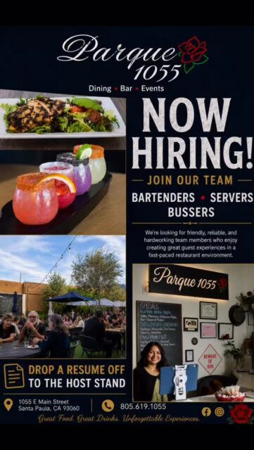 🌹 NOW HIRING AT PARQUE 1055 🌹
We’re looking for friendly, hardworking people to join our team and help create memorable experiences for our guests.
Currently hiring:
🍸 Bartenders
🍽️ Servers
🧹 Bussers
🍔 Line Cook
If you love great food, craft cocktails, and being part of a team that genuinely cares about hospitality, we’d love to meet you.
📍 Drop your resume off at the host stand
1055 E Main Street, Santa Paula, CA 93060
Tag someone who’s looking for their next opportunity! ❤️
#nowhiring #santapaula #venturacounty #restaurant #parque1055