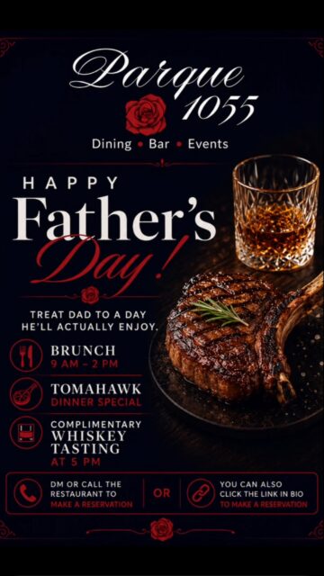 Happy Father’s Day from Parque 1055 ❤️

Today we’re celebrating all the dads, grandpas, and father figures with a full day of great food and whiskey.

🍳 Brunch | 9 AM – 2 PM
🥩 Tomahawk Dinner Special
🥃 Complimentary Whiskey Tasting at 5 PM

Make Dad’s day a little extra special and let us do the cooking.

📞 Call the restaurant, send us a DM, or click the link in our bio to reserve your table.

#parque1055 #santapaula #fathersday #tomahawksteak #whiskeytasting