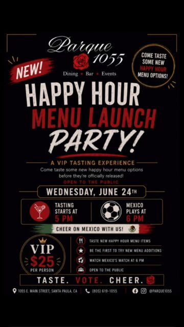 Something new is coming to Happy Hour… 👀🍸

Join us Wednesday, June 24th for an exclusive preview of our NEW Happy Hour menu before it’s officially released!

For one night only, you’ll get to taste upcoming menu items, help us choose our favorites, and cheer on Mexico as they take the field at 6 PM. ⚽🇲🇽

✨ VIP Tasting Experience
🎟 $25 Per Person
⏰ Tasting Begins at 5 PM
⚽ Mexico Plays at 6 PM
🎉 Open to the Public

Grab your friends, come hungry, and be among the first to experience what’s next at Parque 1055.

Reservations recommended. Call us or send us a DM to reserve your spot!

#parque1055 #santapaula #happyhour #venturacounty #mexicosoccer