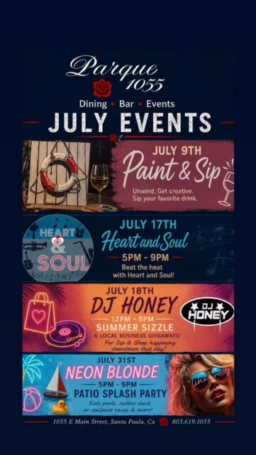 ☀️ Your July plans start here!
Join us at Parque 1055 for a month full of live music, Paint & Sip, great food, craft cocktails, and summer fun on the patio.
🎨 July 9 – Paint & Sip
🎶 July 17 | 5–9 PM – Heart & Soul
🎧 July 18 | 12–5 PM – DJ Honey with Summer Sizzle & local business giveaways during Downtown Santa Paula’s Sip & Shop
💦 July 31 | 5–9 PM – Neon Blonde Patio Splash Party with kids pools, rubber duck & sailboat races.
Tag your crew and we’ll see you this July! 🌹🍹
#santapaula #805events #livemusic #summervibes #parque1055