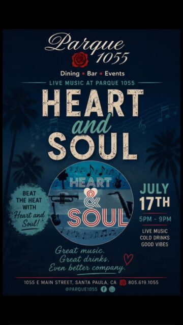 Nothing beats live music on the patio. 🌅🎶

Heart & Soul is back at Parque 1055 for an evening of great music, craft cocktails, and summer vibes. Grab your friends and spend your Thursday with us!

📅 July 17
🕔 5–9 PM

See you on the patio!

#livemusic #santapaula #805events #parque1055 #patiovibes