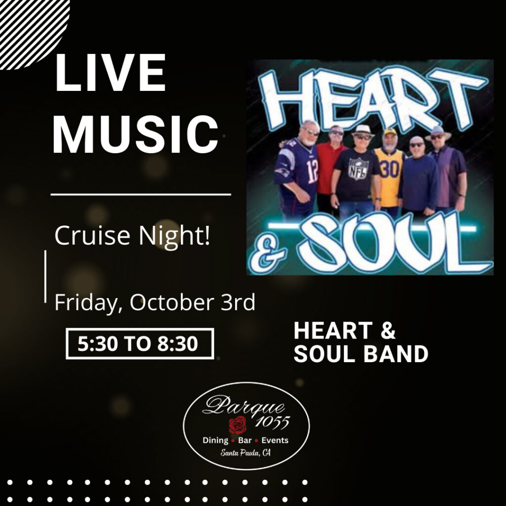 Flyer for the musical group Heart and Soul announcing live performance at Parque 1055 restaurant in Santa Clara on October 3rd